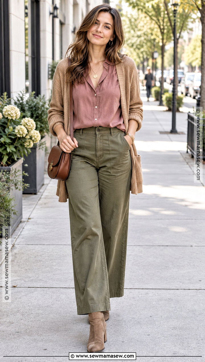 Soft Autumn Dusty Rose Blouse and Olive Pants Outfit - 15 autumn seasonal color analysis outfits