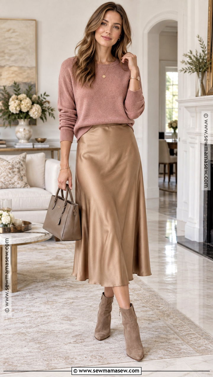 Soft Autumn Dusty Rose Sweater And Camel Skirt Outfit - 30 soft autumn outfits