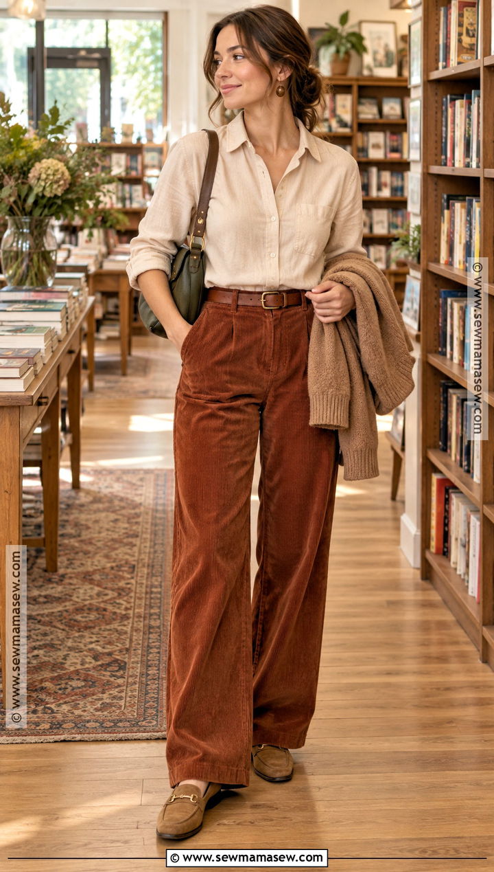 Soft Autumn Ecru Shirt And Rust Corduroy Pants Outfit - 25 soft autumn style ideas