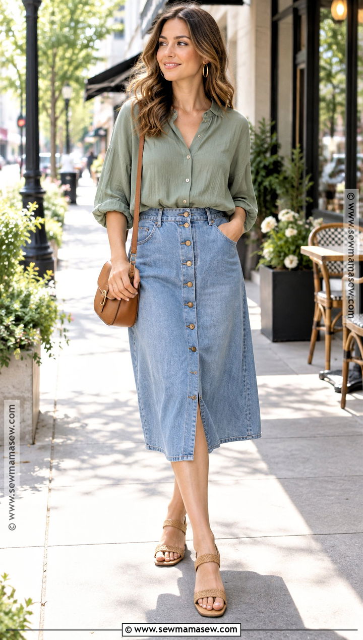 Soft Autumn Eucalyptus Blouse And Denim Skirt Outfit - 25 soft autumn summer outfits