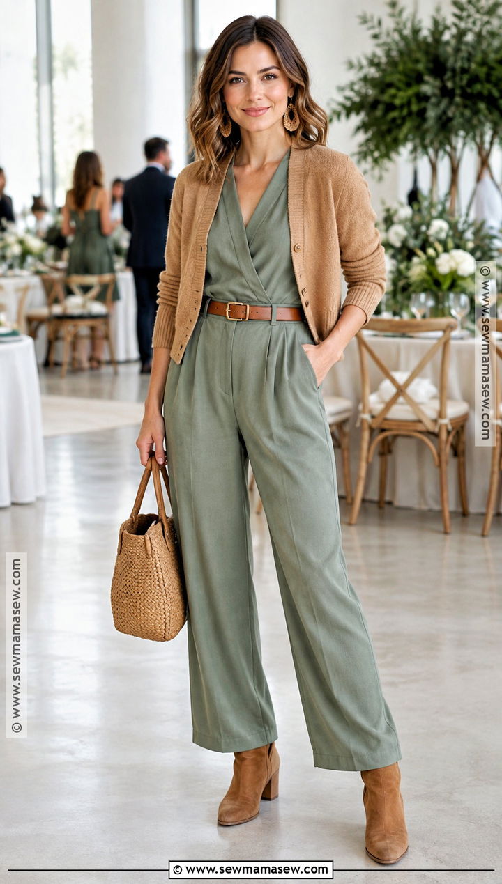 Soft Autumn Eucalyptus Jumpsuit And Cognac Accessories Outfit - 20 Soft Autumn Color Palette Fashion Ideas