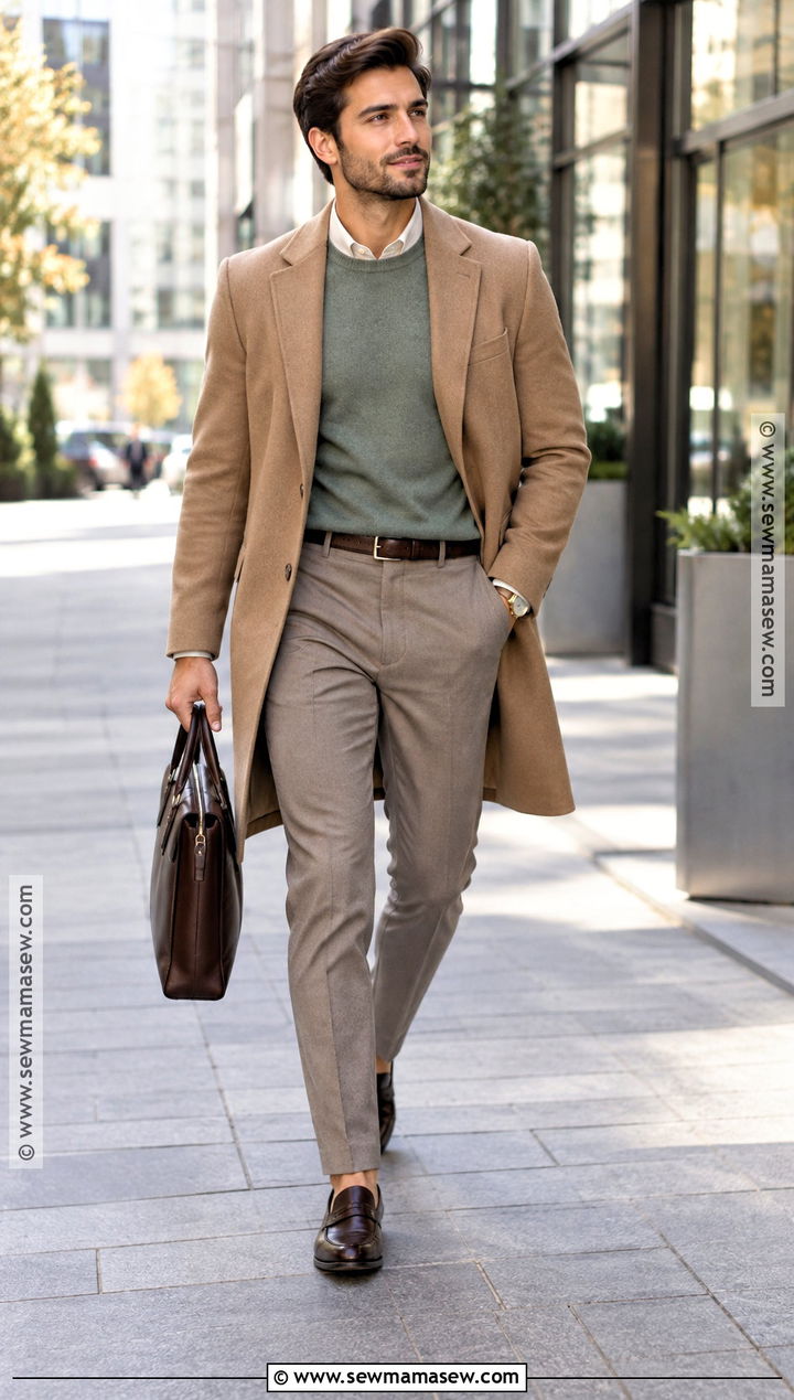 Soft Autumn Eucalyptus Sweater And Mushroom Trousers Outfit - 15 soft autumn mens outfits