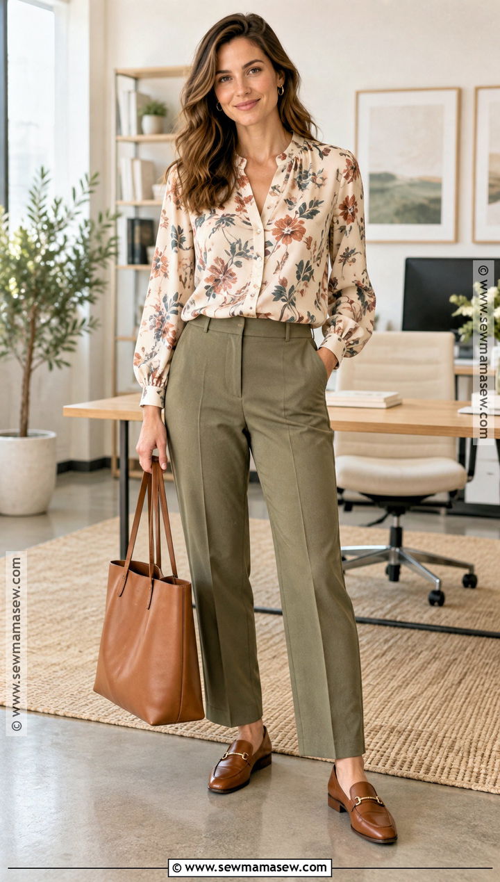 Soft Autumn Floral Blouse And Olive Trousers Outfit - 25 soft autumn spring outfits