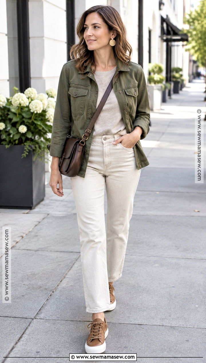 Soft Autumn Moss Jacket And Beige Jeans Outfit - 30 soft autumn outfits