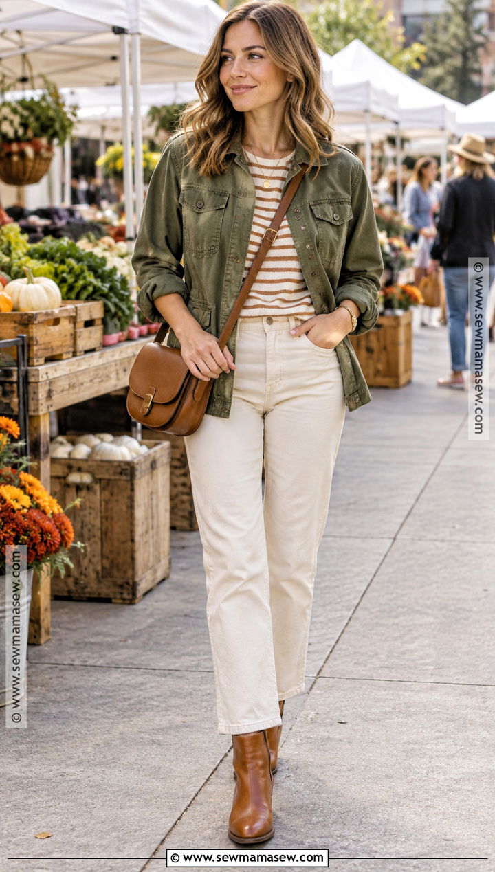 Soft Autumn Moss Jacket And Cream Jeans Outfit - 20 Soft Autumn Color Palette Fashion Ideas