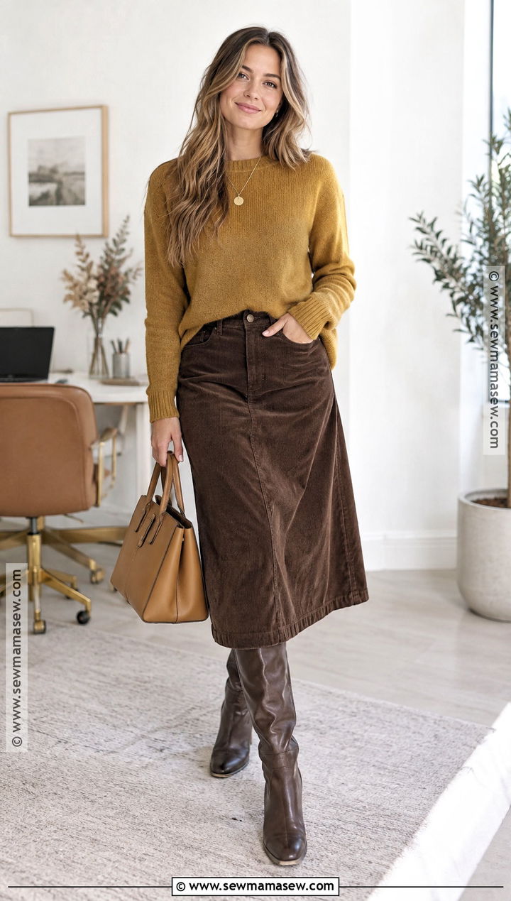 Soft Autumn Mustard Sweater And Brown Midi Skirt Outfit - 20 Soft Autumn Color Palette Outfits Ideas