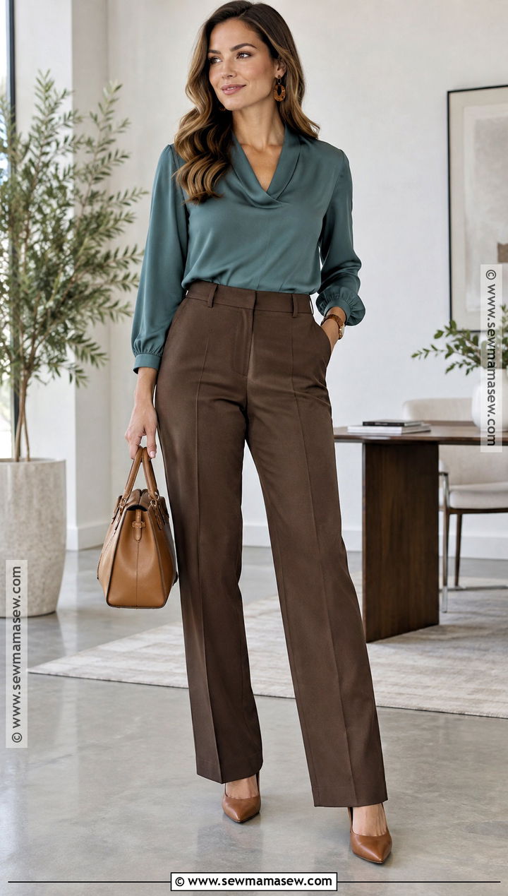 Soft Autumn Muted Teal Blouse And Brown Pants Outfit - 25 soft autumn wardrobe ideas