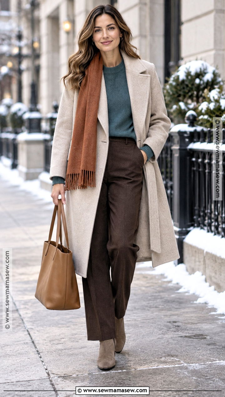 Soft Autumn Oatmeal Coat And Teal Sweater Outfit - 25 soft autumn wardrobe ideas