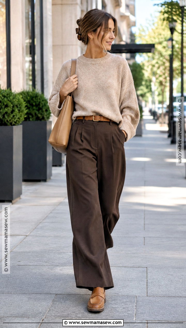 Soft Autumn Oatmeal Knit And Brown Pants Outfit - 30 soft autumn outfits