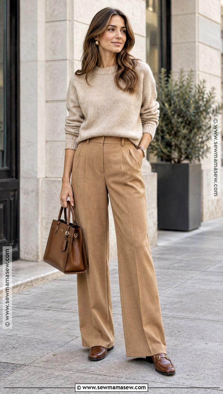 Soft Autumn Oatmeal Sweater And Camel Trousers Outfit - 25 soft autumn wardrobe ideas