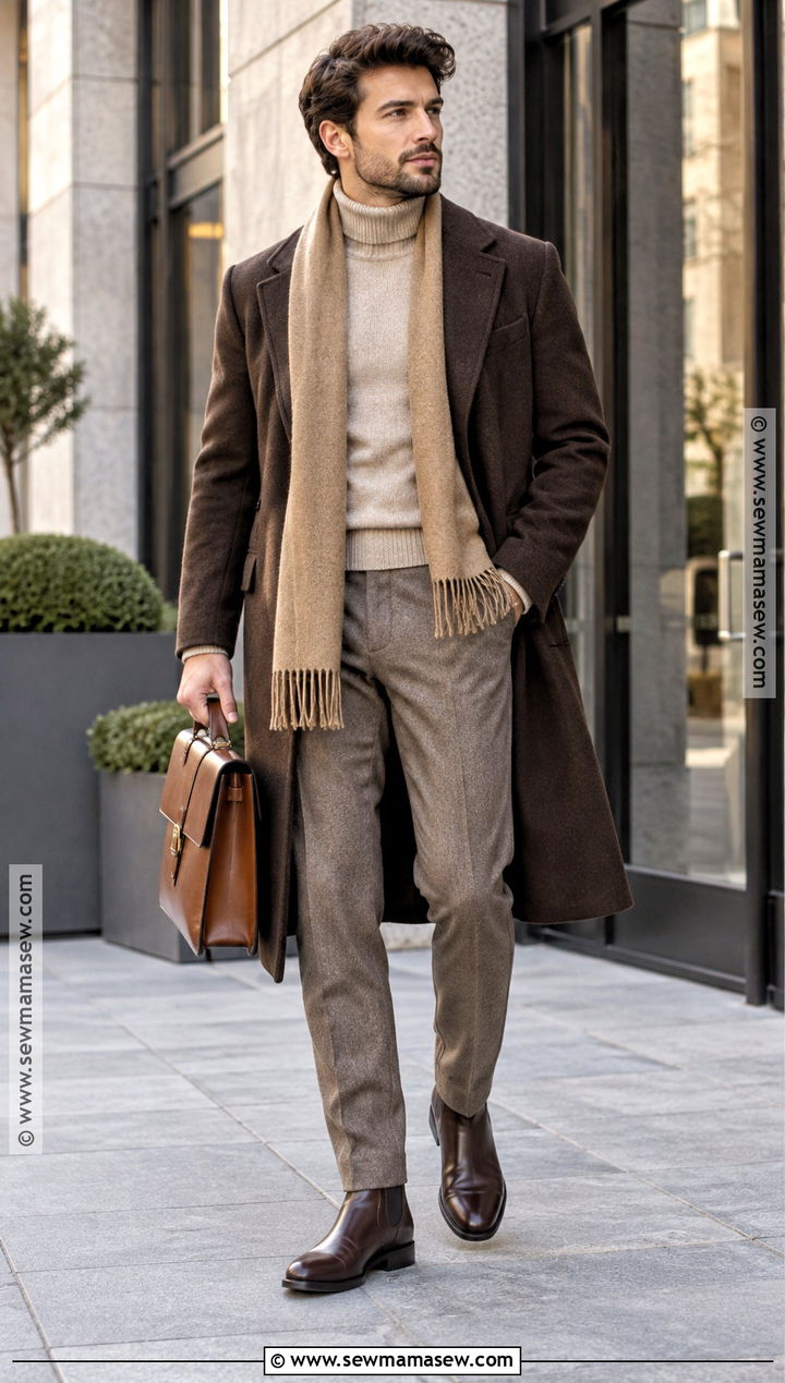 Soft Autumn Oatmeal Turtleneck And Chocolate Coat Outfit - 15 soft autumn mens outfits