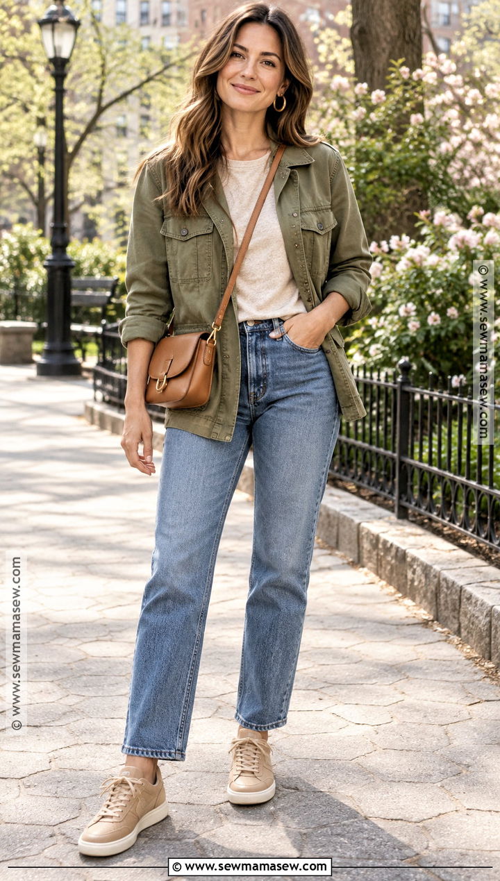 Soft Autumn Olive Jacket And Straight Jeans Outfit - 15 Soft Autumn Spring Wardrobe Ideas