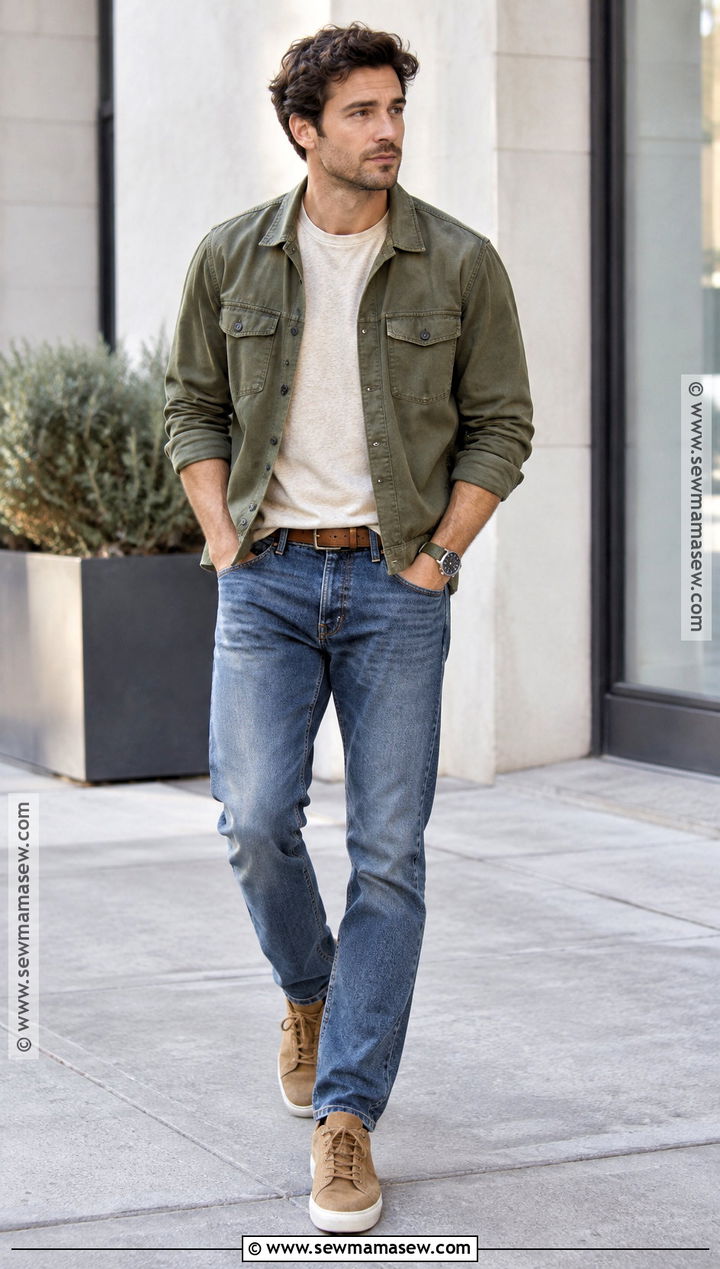 Soft Autumn Olive Overshirt And Warm Denim Outfit - 15 soft autumn mens outfits