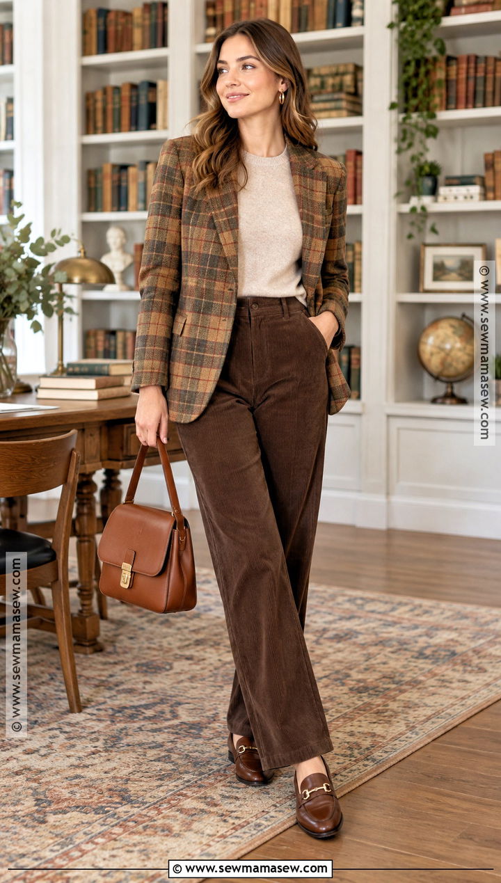Soft Autumn Plaid Blazer And Corduroy Pants Outfit - 30 soft autumn outfits