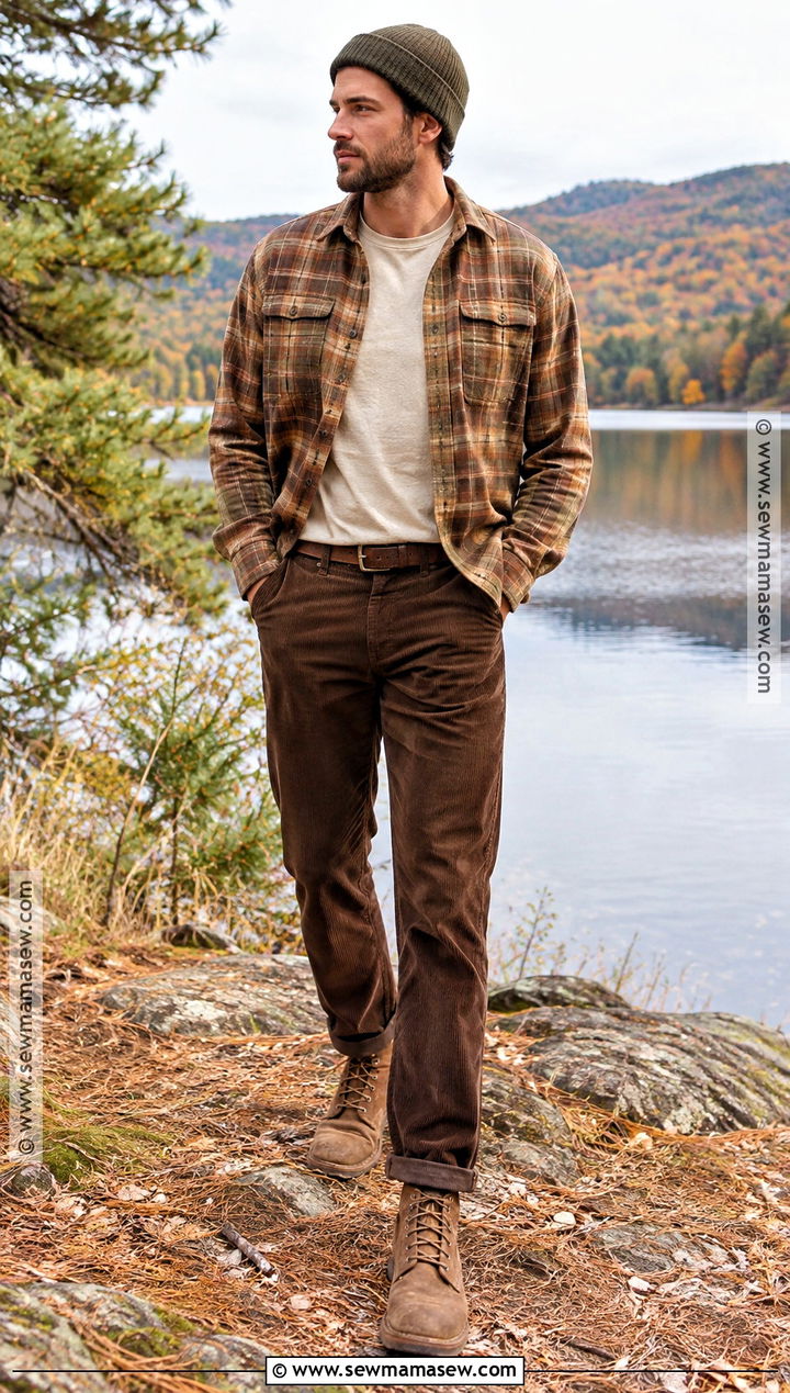 Soft Autumn Plaid Flannel And Corduroy Pants Outfit - 15 soft autumn mens outfits