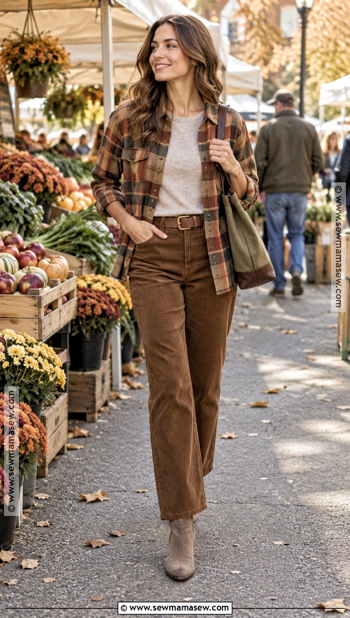 Soft Autumn Plaid Shirt And Corduroy Pants Outfit - 20 Soft Autumn Color Palette Fashion Ideas