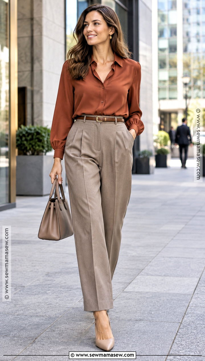 Soft Autumn Rust Blouse And Taupe Trousers Outfit - 15 soft autumn looks outfit