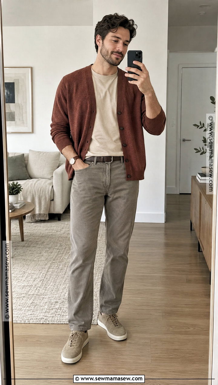 Soft Autumn Rust Cardigan And Warm Gray Jeans Outfit - 15 soft autumn mens outfits