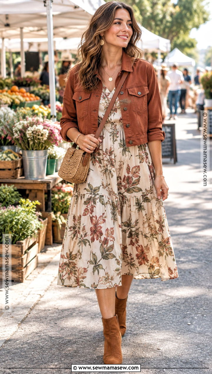 Soft Autumn Rust Jacket And Floral Dress Outfit - 25 soft autumn spring outfits