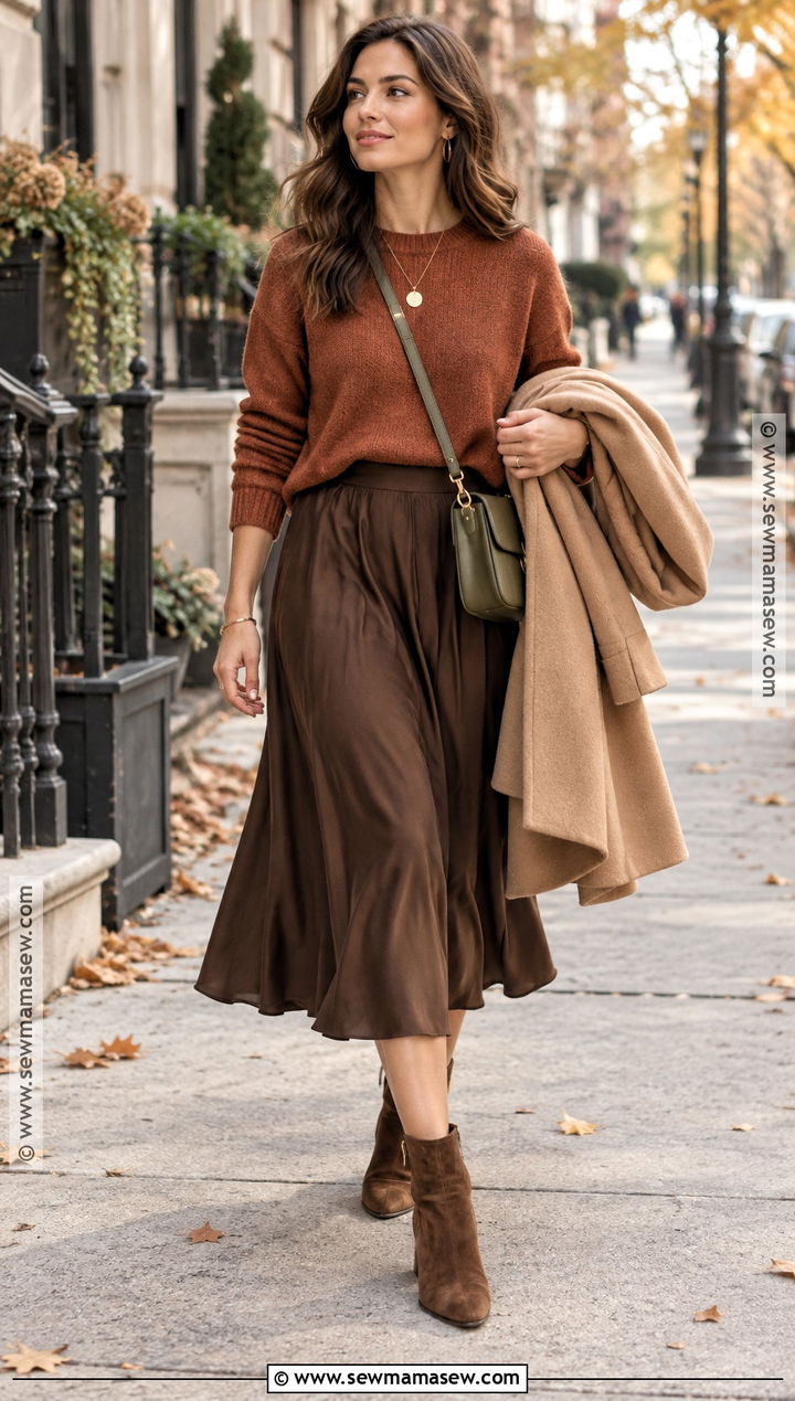 Soft Autumn Rust Sweater And Chocolate Skirt Outfit - 25 soft autumn style ideas