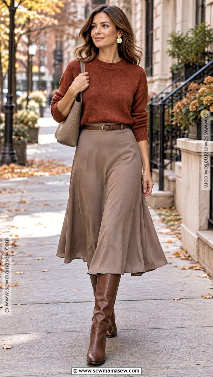Soft Autumn Rust Sweater And Midi Skirt Outfit - 25 soft autumn wardrobe ideas