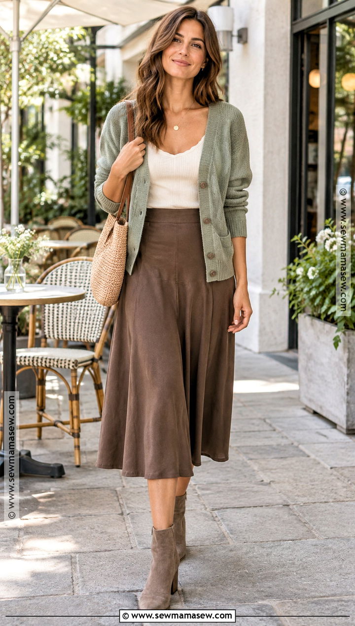 Soft Autumn Sage Cardigan And Brown Midi Skirt Outfit - 15 soft autumn looks outfit