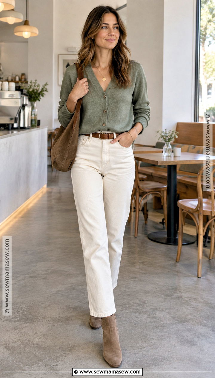 Soft Autumn Sage Cardigan And Ecru Jeans Outfit - 25 soft autumn style ideas