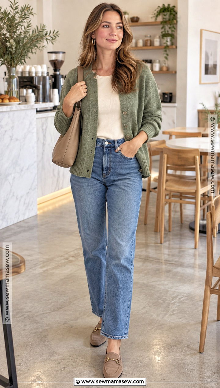 Soft Autumn Sage Cardigan Outfit - 20 autumn color analysis outfits