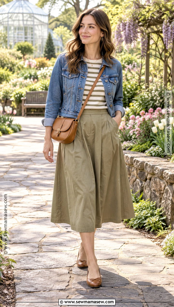 Soft Autumn Striped Top And Khaki Skirt Outfit - 25 soft autumn spring outfits