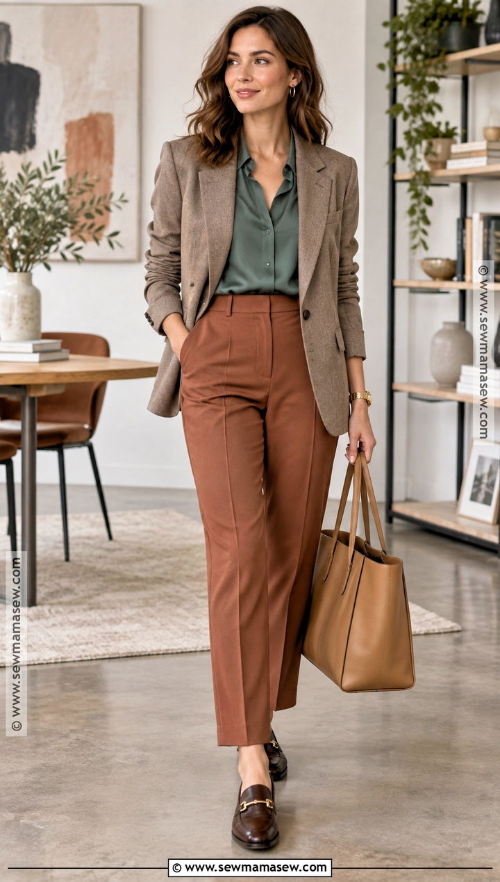 Soft Autumn Taupe Blazer And Terracotta Pants Outfit - 20 Soft Autumn Color Palette Outfits Ideas