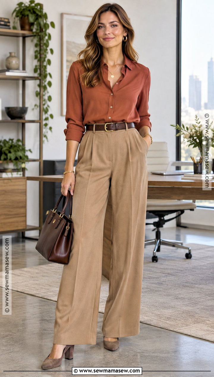 Soft Autumn Terracotta Blouse And Camel Trousers Outfit - 25 soft autumn style ideas