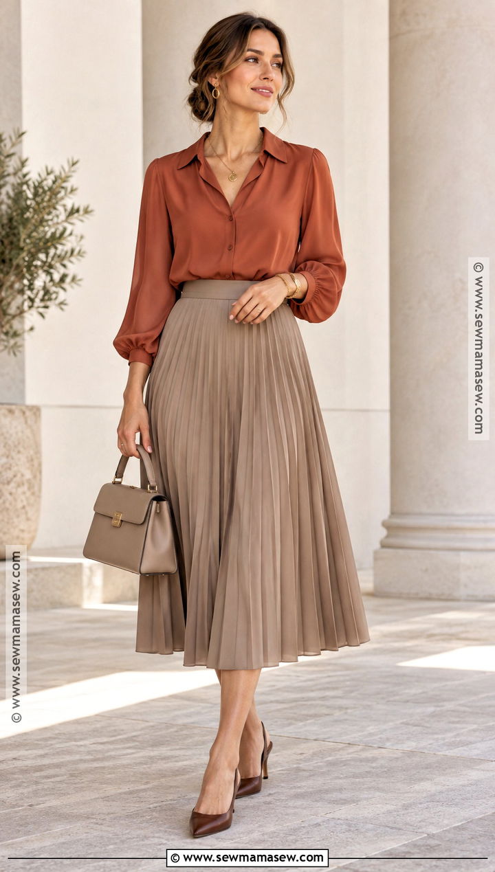 Soft Autumn Terracotta Blouse And Taupe Skirt Outfit - 30 soft autumn outfits