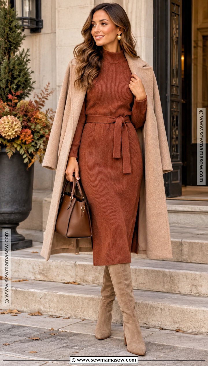 Soft Autumn Terracotta Knit Dress And Suede Boots Outfit - 20 Soft Autumn Color Palette Outfits Ideas