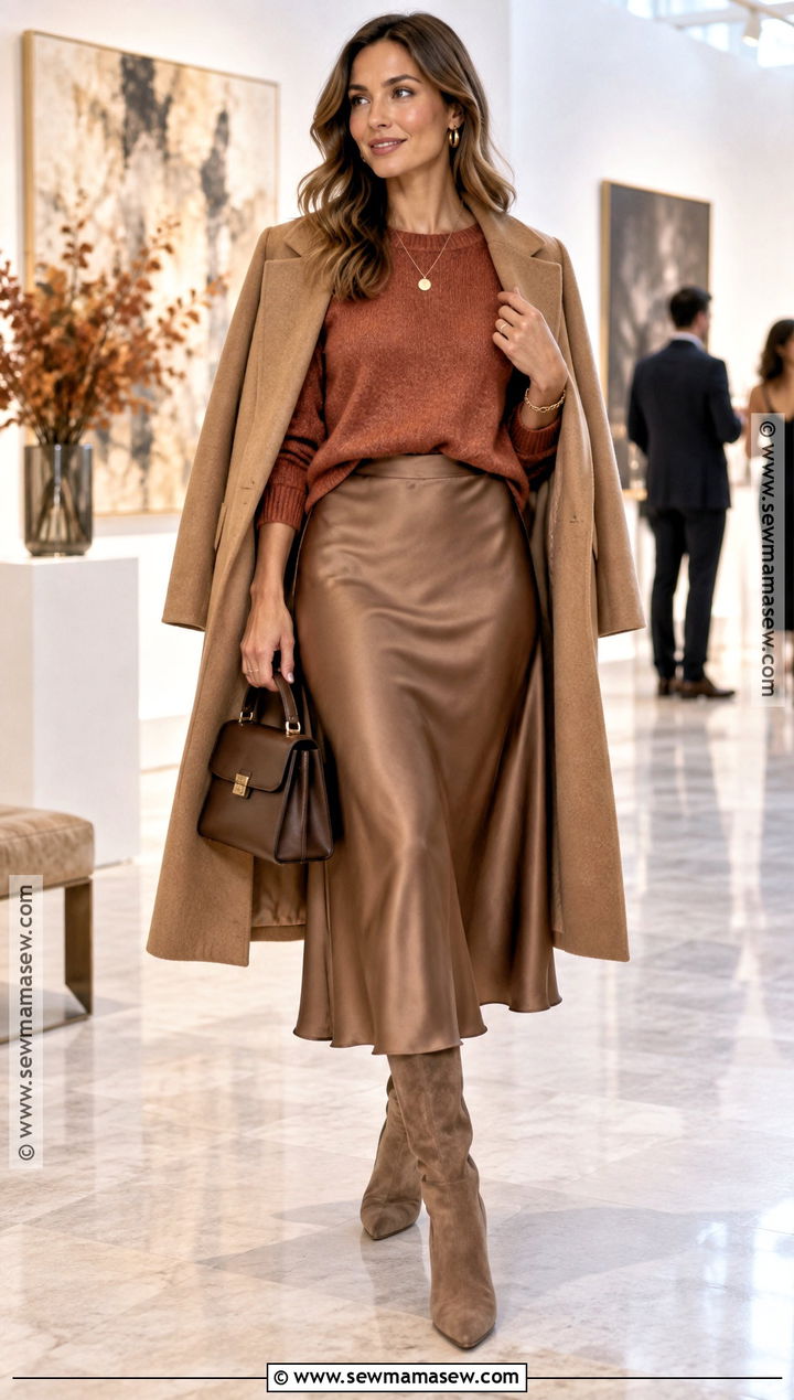 Soft Autumn Terracotta Sweater And Satin Midi Skirt Outfit - 15 soft autumn looks outfit