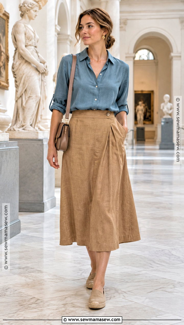 Soft Autumn Warm Blue Blouse And Camel Skirt Outfit - 25 soft autumn outfits for summer