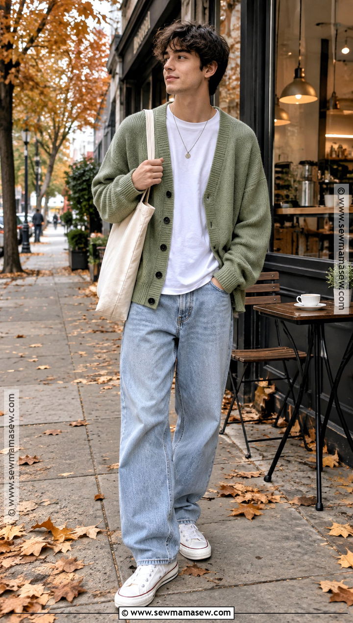 Soft Boy Cardigan Outfit With Loose Jeans - 15 soft boy fall outfits
