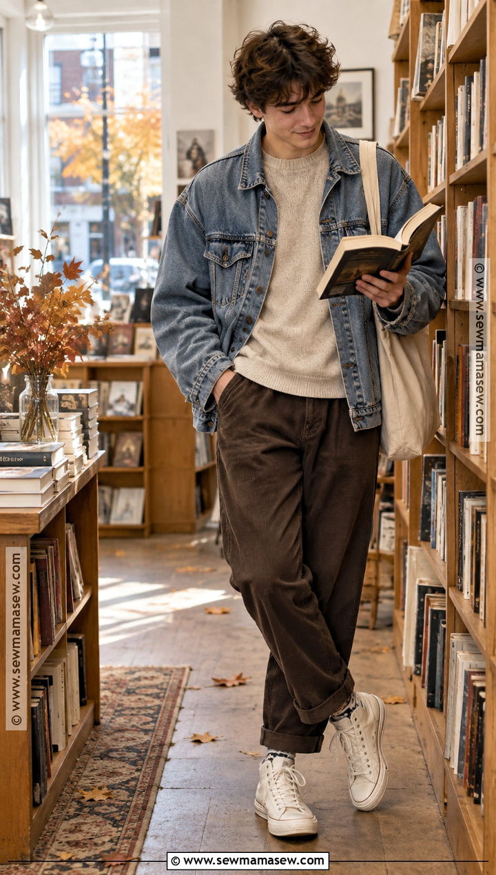 Soft Boy Denim Jacket Outfit With Brown Pants - 15 soft boy fall outfits