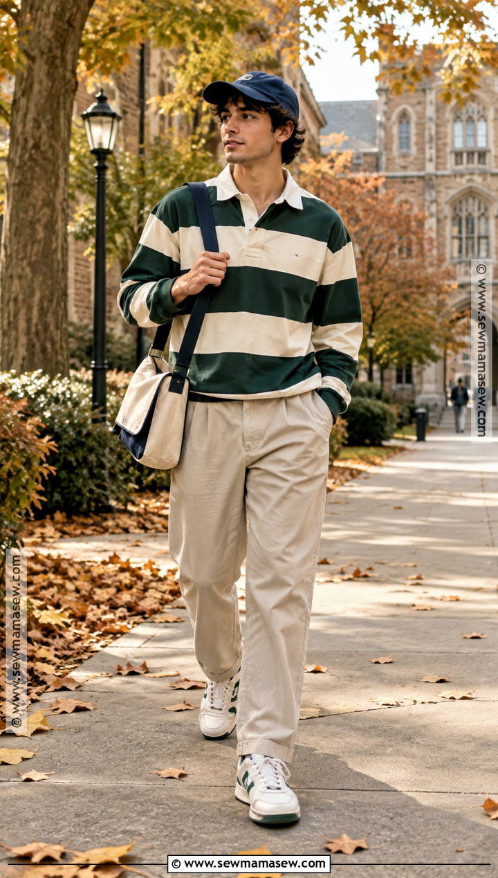 Soft Boy Rugby Shirt Outfit With Beige Pants - 15 soft boy fall outfits