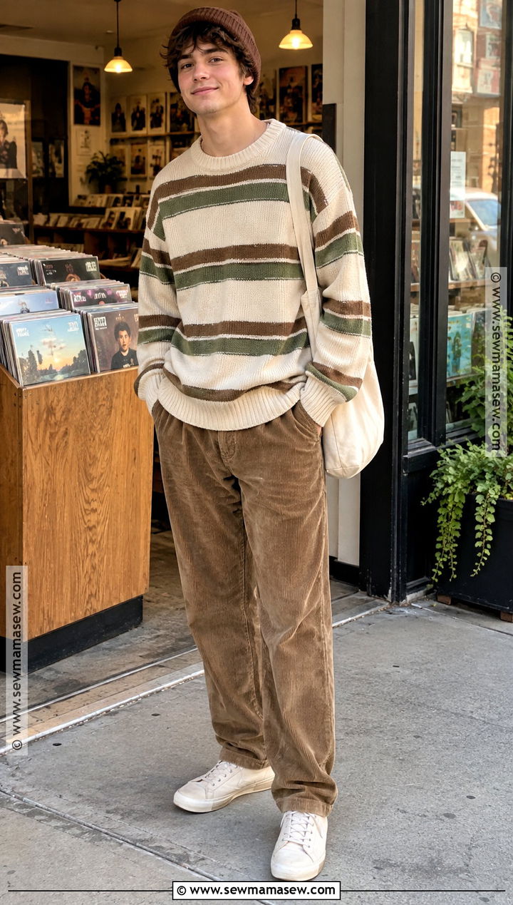 Soft Boy Striped Sweater Outfit With Corduroy Pants - 15 soft boy fall outfits