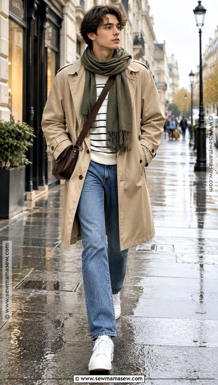 Soft Boy Trench Coat Outfit With Blue Jeans - 15 soft boy fall outfits