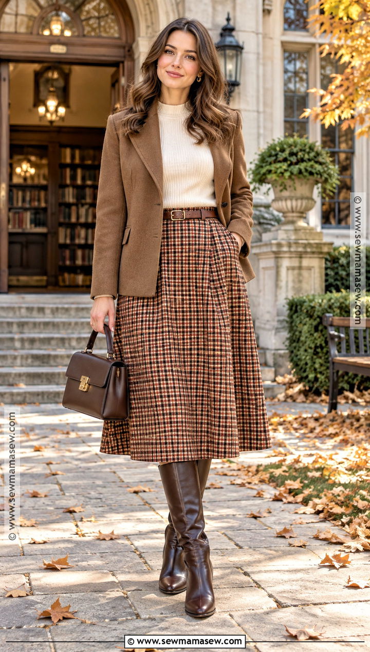 Soft Classic Fall Outfit With Plaid Midi Skirt - 15 Soft Classic Outfit Ideas Fall
