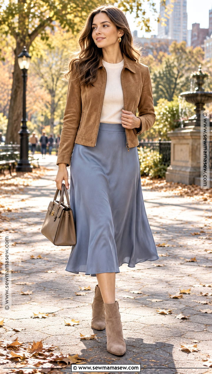Soft Classic Fall Outfit With Suede Jacket And Midi Skirt - 15 Soft Classic Outfit Ideas Fall