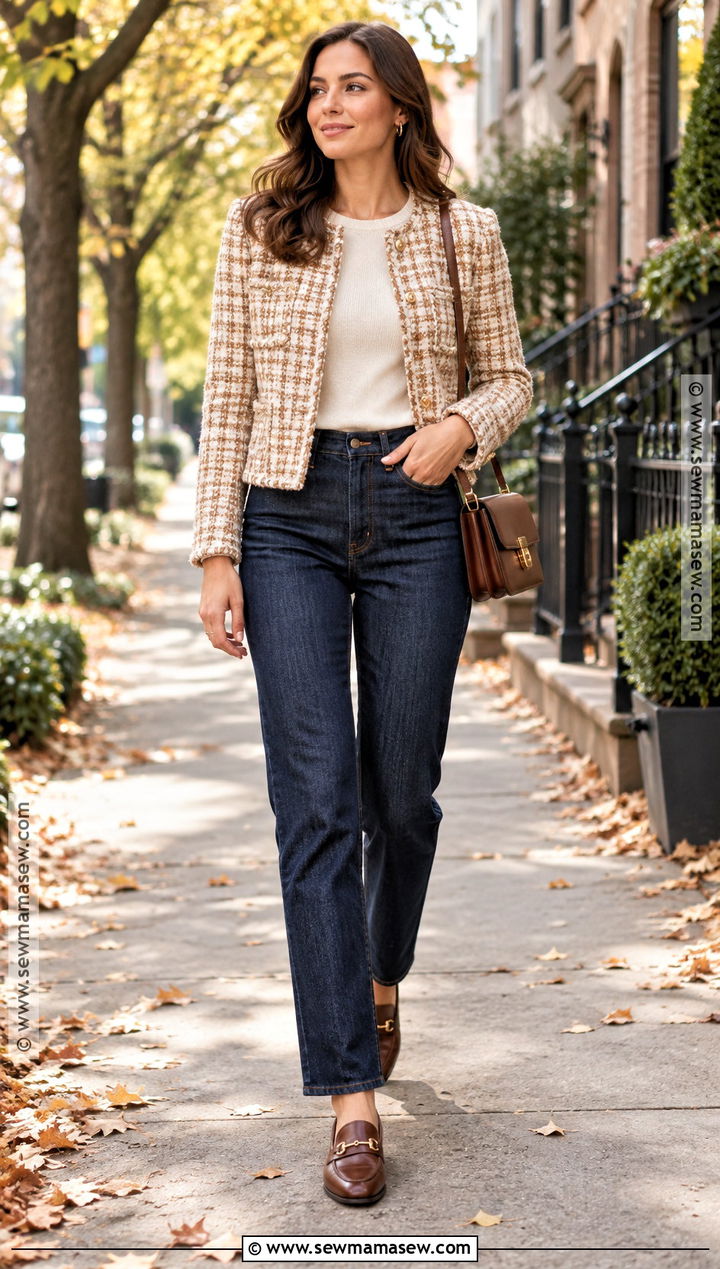 Soft Classic Fall Outfit With Tweed Jacket And Jeans - 15 Soft Classic Outfit Ideas Fall