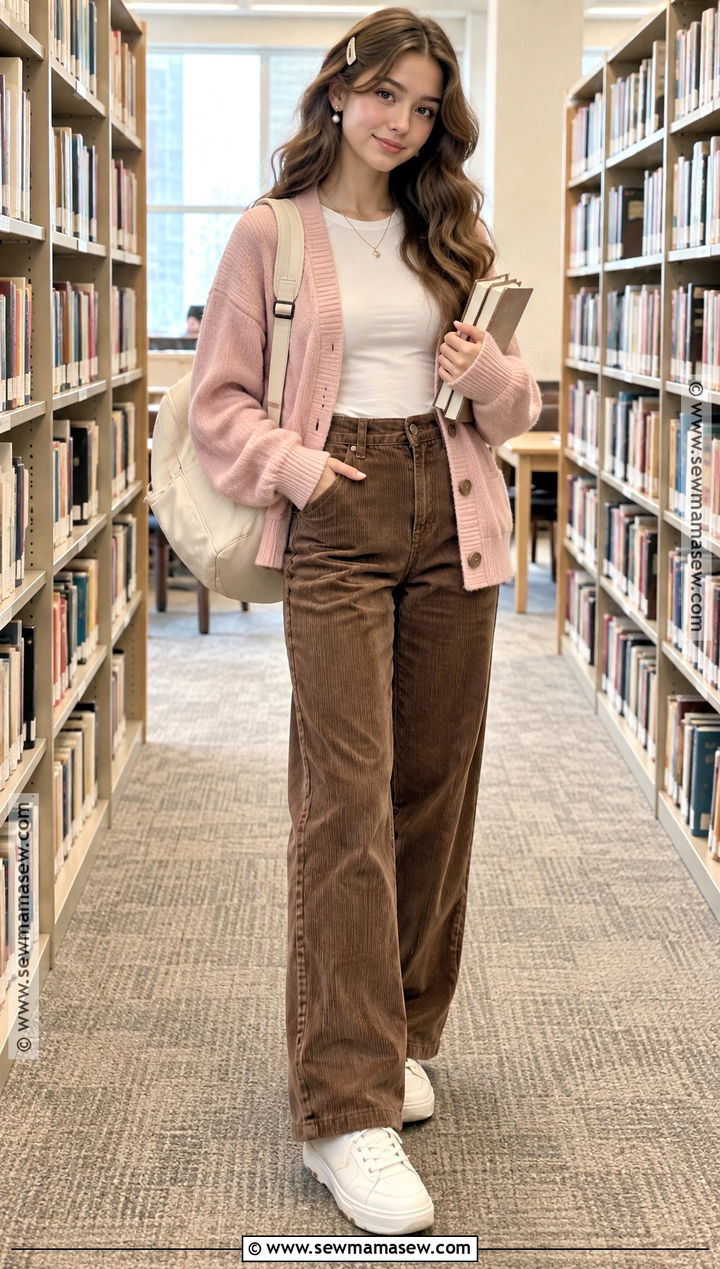 Soft Girl Cardigan And Corduroy Pants Outfit - 15 fall aesthetic school outfits
