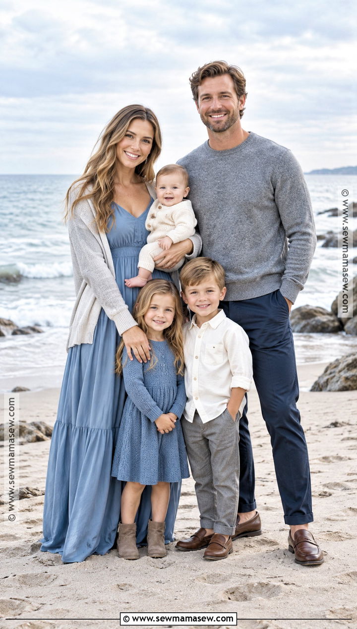 Soft Gray And Coastal Blue Fall Beach Family Photo Outfits - 20 fall beach family photos outfits