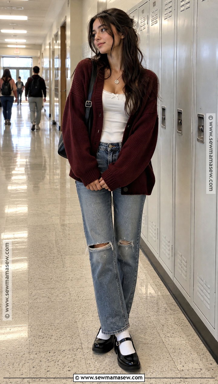 Soft Grunge Cardigan And Ripped Jeans Outfit - 20 Grunge Back To School Outfit Ideas