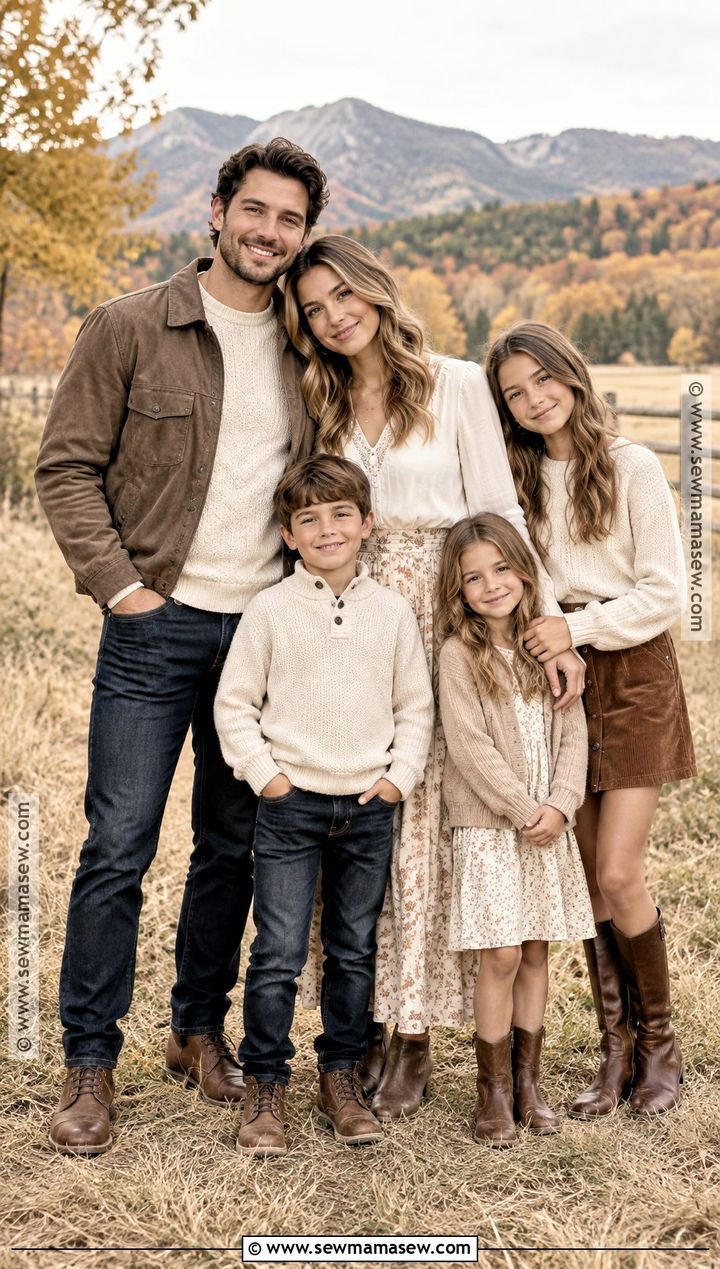 Soft Neutrals With Dark Denim Family Fall Photoshoot Outfits - 15 Large Family Fall Photoshoot Outfits