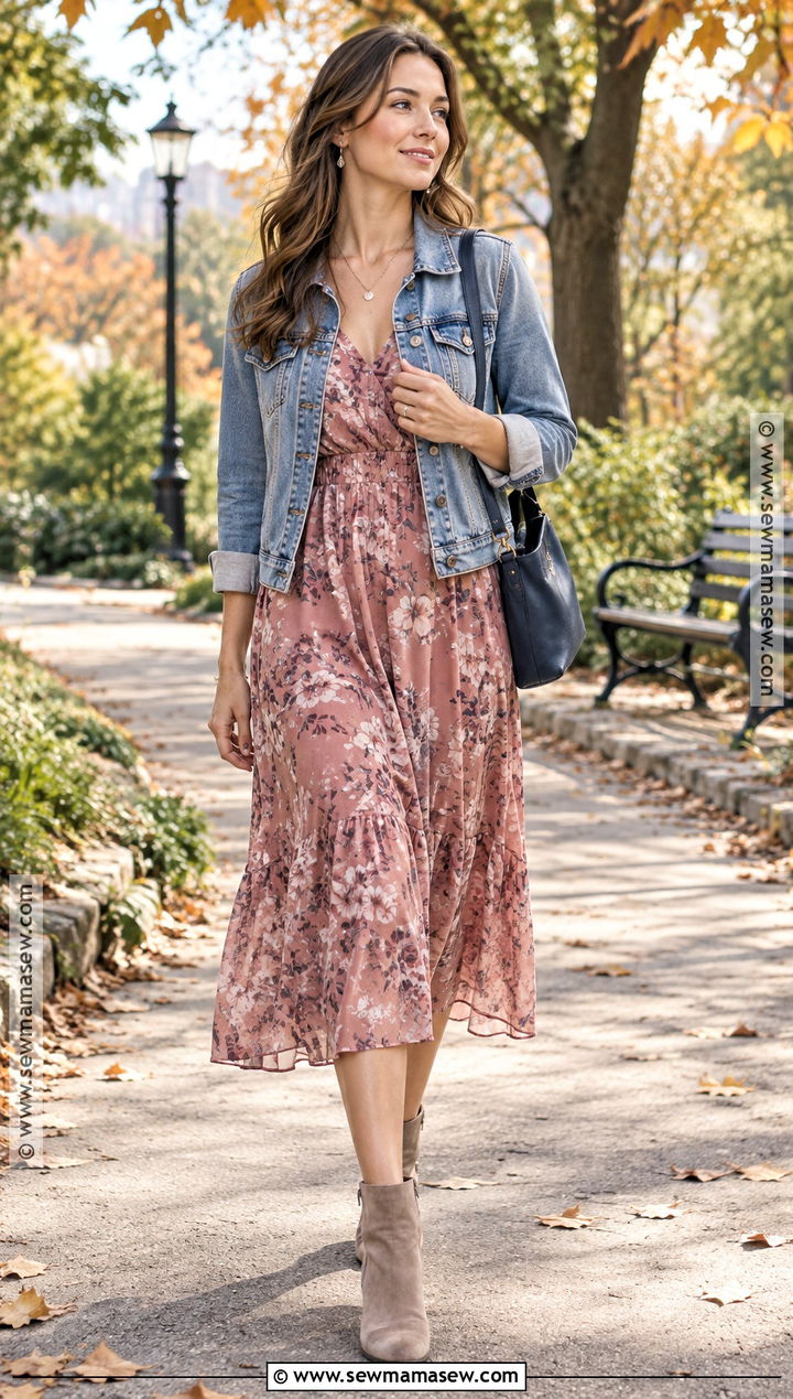 Soft Summer Denim Jacket And Dusty Rose Dress Outfit - 25 soft summer fall outfits
