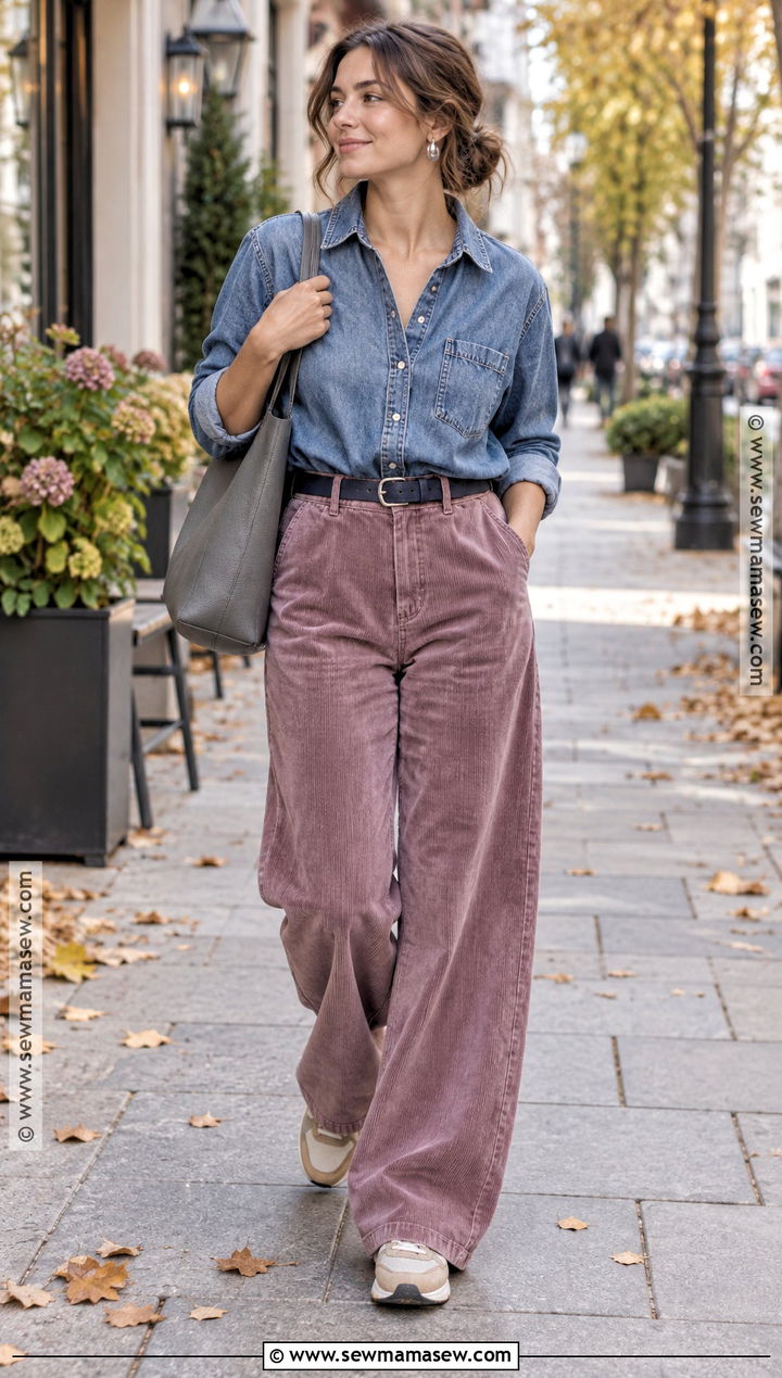 Soft Summer Denim Shirt And Mauve Corduroy Pants Outfit - 25 soft summer fall outfits