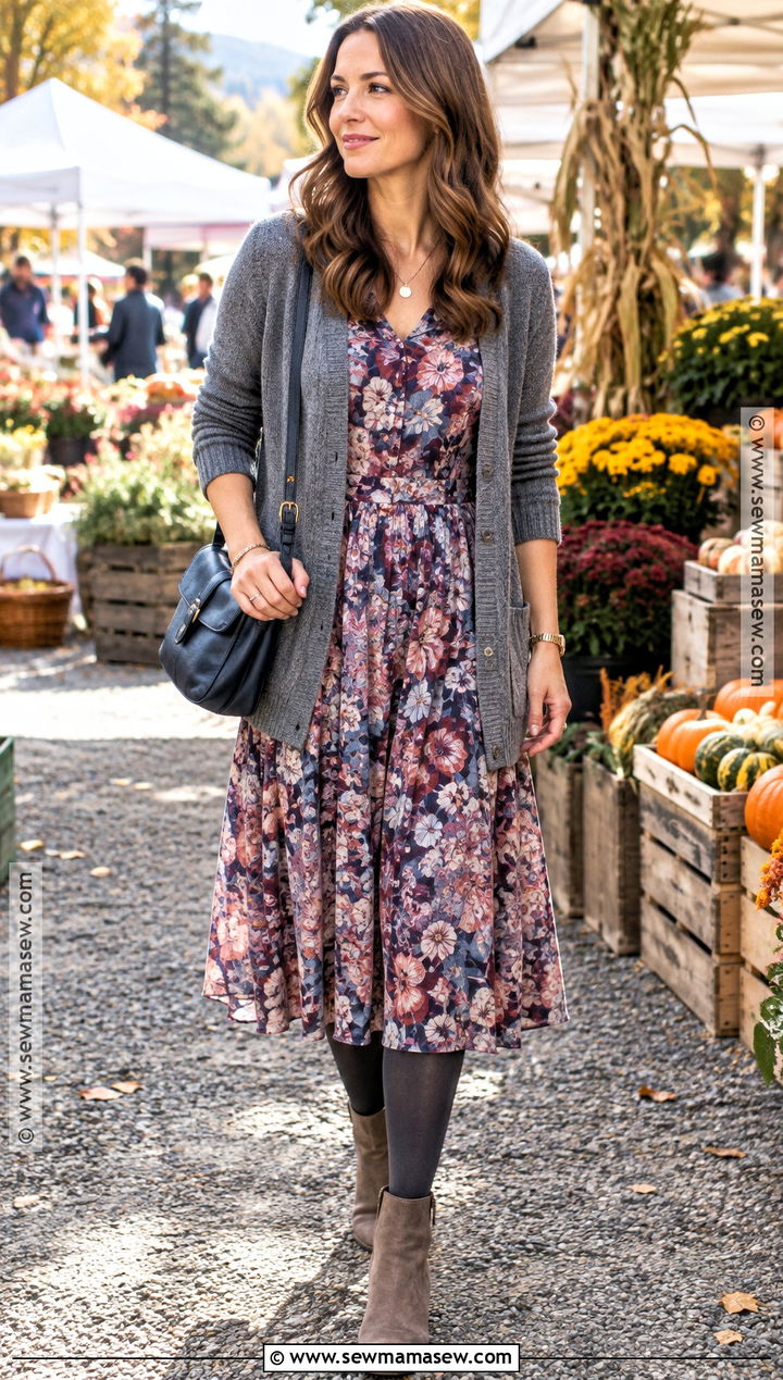 Soft Summer Gray Cardigan And Muted Floral Dress Outfit - 25 soft summer fall outfits